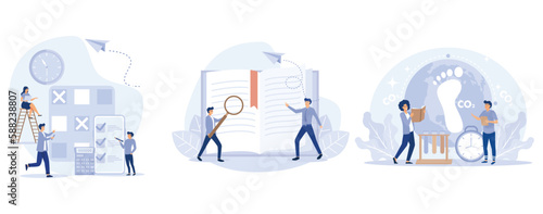 Effective time management of business team, Business analysis study and research data, specific problems, Carbon footprint effect analysis, environmental pollution with CO2, set flat vector modern ill