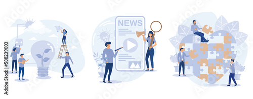 Green energy, eco friendly global technology, Online news, newsletter information and blog post via phone, Charity project cooperation of people donate help, set flat vector modern illustration