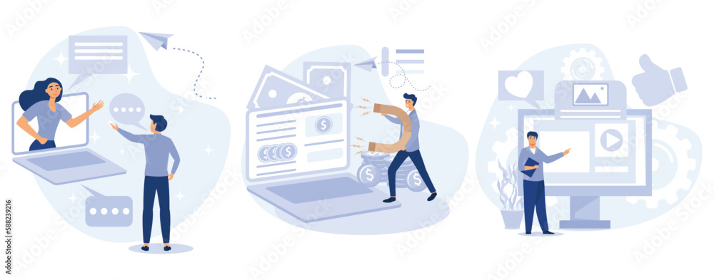 Website monetization concept, Content aggregator, Aggregator software, best media content in one place, freelance character employee, set flat vector modern illustration Website monetization concept, Content aggregator, Aggregator software, best media content in one place, freelance character employee, set flat vector modern illustration