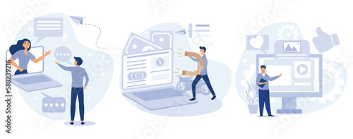 Website monetization concept, Content aggregator, Aggregator software, best media content in one place, freelance character employee, set flat vector modern illustration