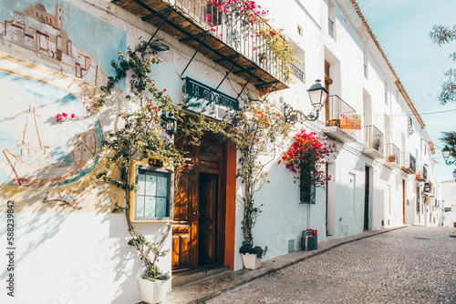 Altea old town with narrow streets and whitewashed houses. Architecture in small picturesque village of Altea near Mediterranean sea, Alicante province, Valencian Community, Spain