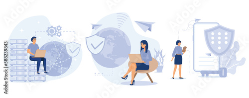 Internet security settings,  Proxy server, VPN access, secure web traffic, IP address, network access, connectivity, encrypted data transfer, set flat vector modern illustration 