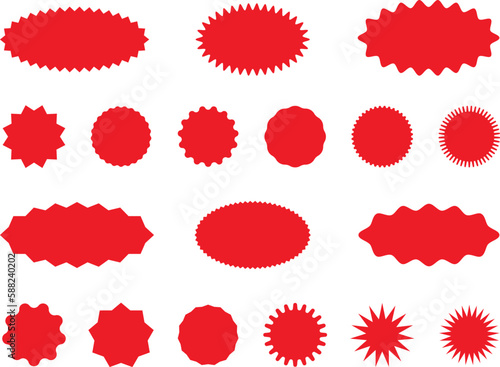 Red shopping labels collection. Sale or discount sticker. Starburst red sticker set. Special offer price tag. Supermarket promotional badge. Promo stickers with star edges. Vector.