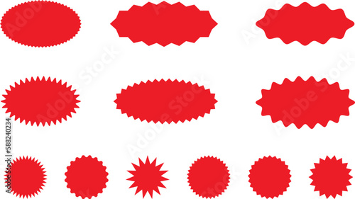 Starburst red sticker set - collection of special offer sale oval and round shaped sunburst labels and badges. Promo stickers with star edges. Vector.