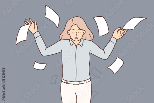 Upset business woman throwing papers up during stressed about tax increase or bankruptcy notice