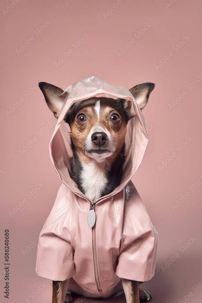 Autumn pastel pink abstract animal portrait, cute little dog in a raincoat ready for a walk on a rainy day. Cute pet and best friend. Illustration, Generative AI.