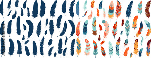 set of bird feathers in flat style isolated vector, collection