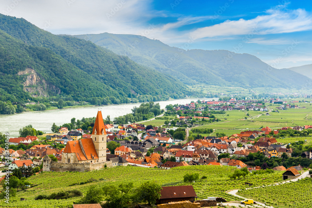 Scenic spring view to Wachau valley with the river Danube and town Weissenkirchen. Austria.