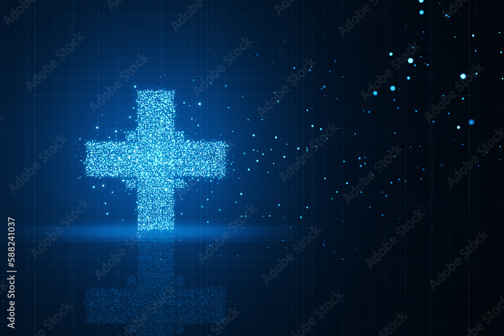 Fototapeta premium Creative glowing medical cross plus hologram on dark backdrop. Healthcare and digital transformation concept. 3D Rendering.
