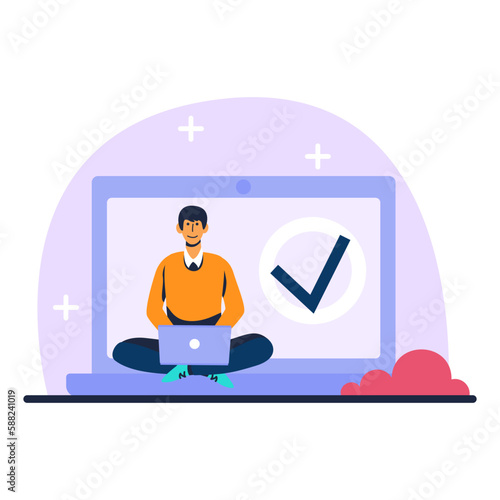 Cartoon character of smiling man completing work project successfully. Reaching job goal. Modern and cozy workplace for employee. Freelancer working alone. Vector