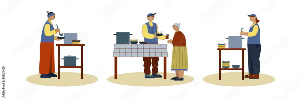 Food donation for people in need. Volunteer kitchen, aid and assistance. Caregivers prepare and give hot meal as charity. Color set 2d vector graphic, flat art collection, cartoon illustration Food donation for people in need. Volunteer kitchen, aid and assistance. Caregivers prepare and give hot meal as charity. Color set 2d vector graphic, flat art collection, cartoon illustration