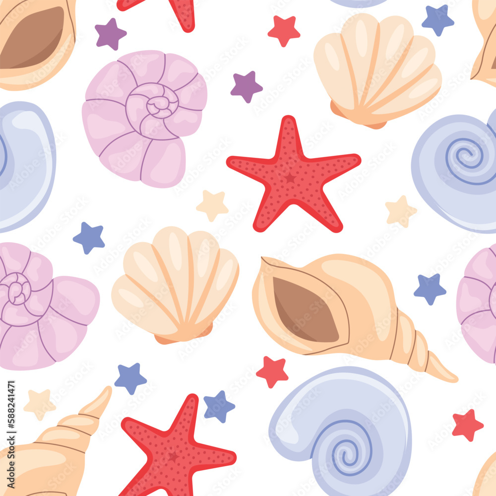 Shells seamless pattern. Cute pastel pattern with shell and starfish. Summer pattern vector illustration.