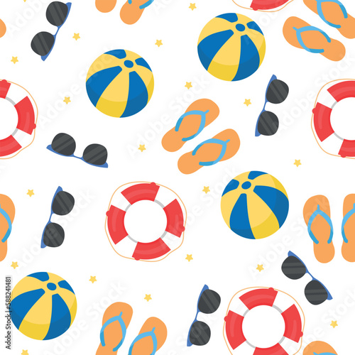 Seamless summer pattern. Ball, lifebuoy and sunglasses. 