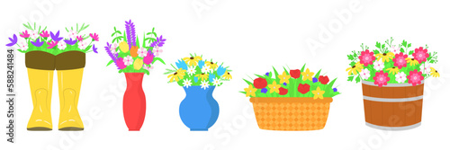 Set with bouquet of flowers. Spring flowers in boots, vase, basket, pot. Vector illustration.