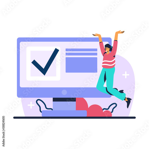 Happy woman worker celebrating corporate success. Productivity and appreciation on workplace. Check mark on giant screen, joyful energetic employee. Cartoon vector illustration