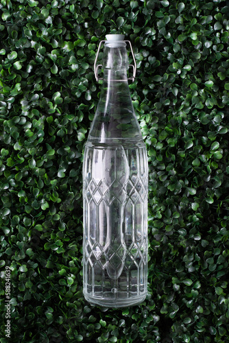 bottle with water on green leaves