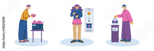 People making donations from heart. Voluntary supporting people in need. Aid, assistance and help. Charity and hope. Color set vector graphic, flat art collection, cartoon illustration