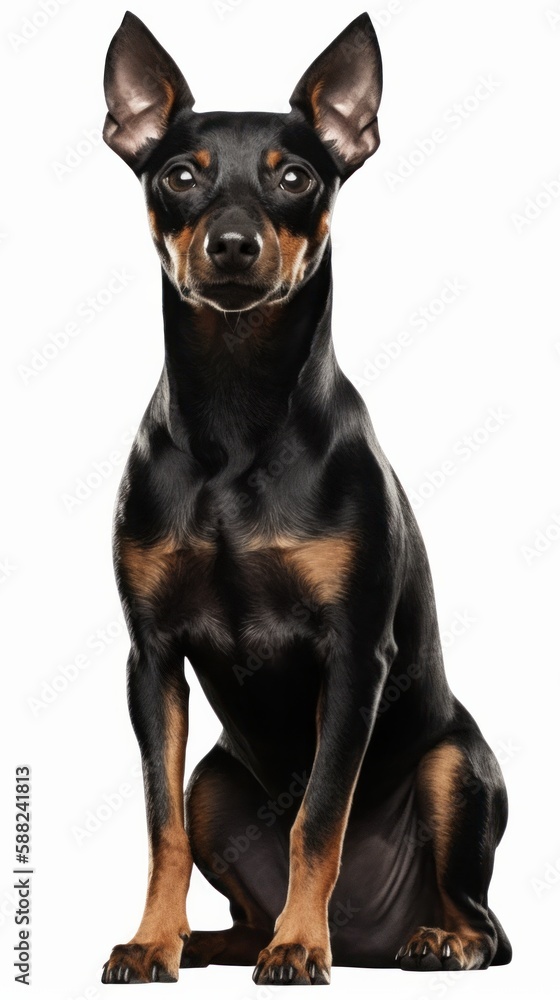 Black And Tan Manchester Terrier Sitting In Front Of White Background Black And Tan Manchester Terrier Sitting In Front Of White Background