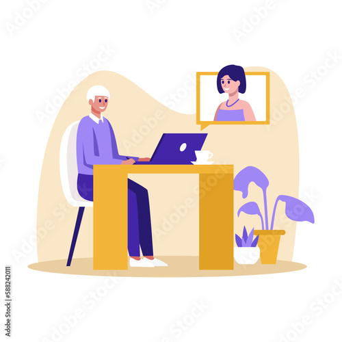 Video call conversation for remote friends. Online communication, virtual interview and network contact. Companion on screen. Software for web conference. Cartoon vector illustration