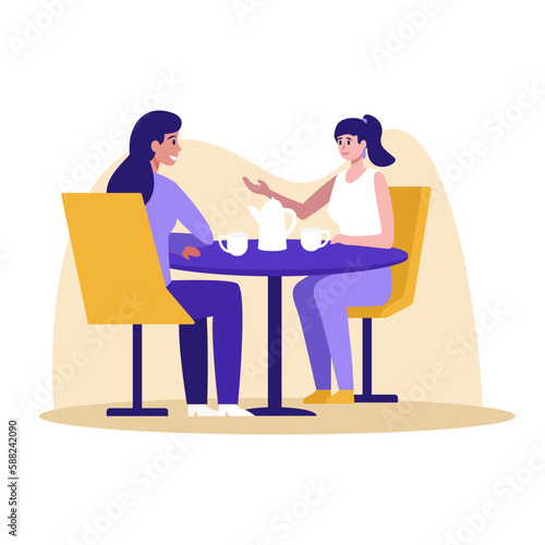 Cartoon characters of young women talking in restaurant. Female friends gossiping when spending time together in cafe. Colleagues having conversation during lunch. Vector