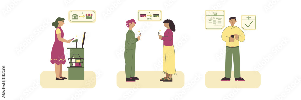 Consumers making cashless purchases and payments. Persons using e banking. Mobile services, wireless transactions and self checkout. Color set vector graphic flat art collection, cartoon illustration