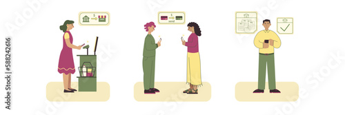 Consumers making cashless purchases and payments. Persons using e banking. Mobile services, wireless transactions and self checkout. Color set vector graphic flat art collection, cartoon illustration