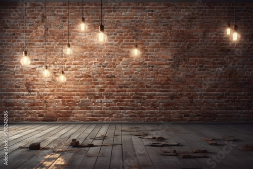 brick wall with hanging lights creating a warm and cozy atmosphere. Generative AI