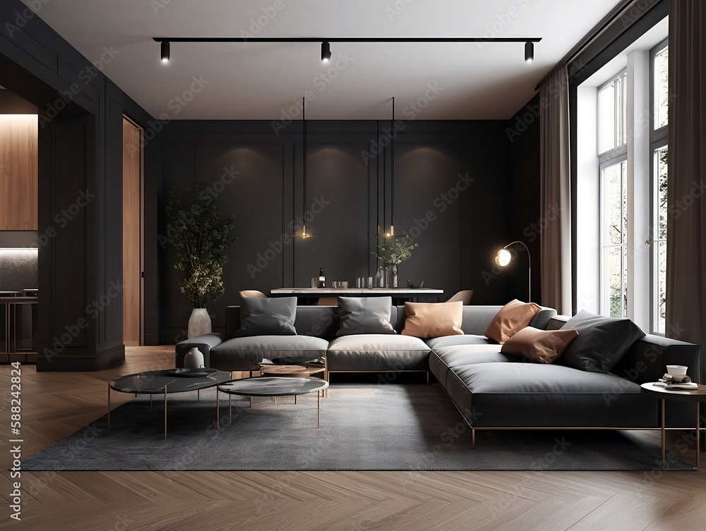 Fototapeta premium interior design of modern apartment, living room with sofa and coffee tables. create using generative AI.