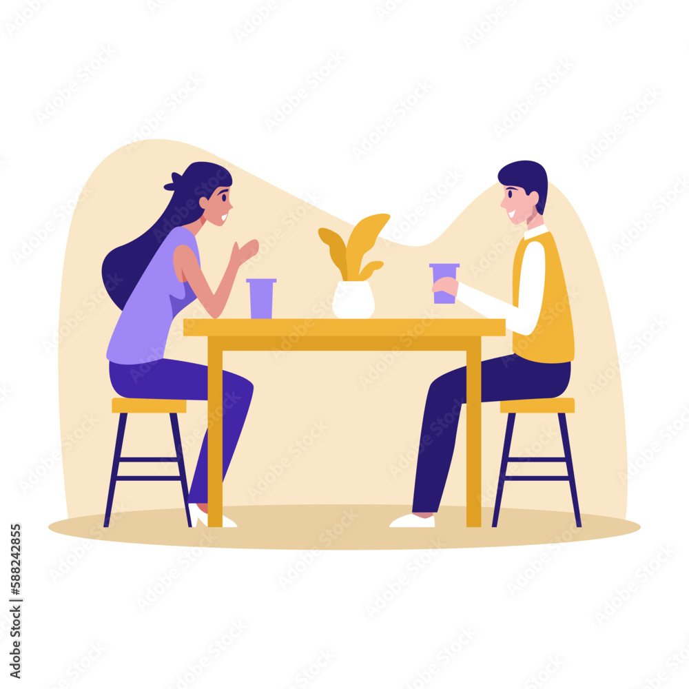Cartoon characters of young couple drinking coffee. Smiling man and woman spending time together. First date in cafe. Friends having conversation. Vector