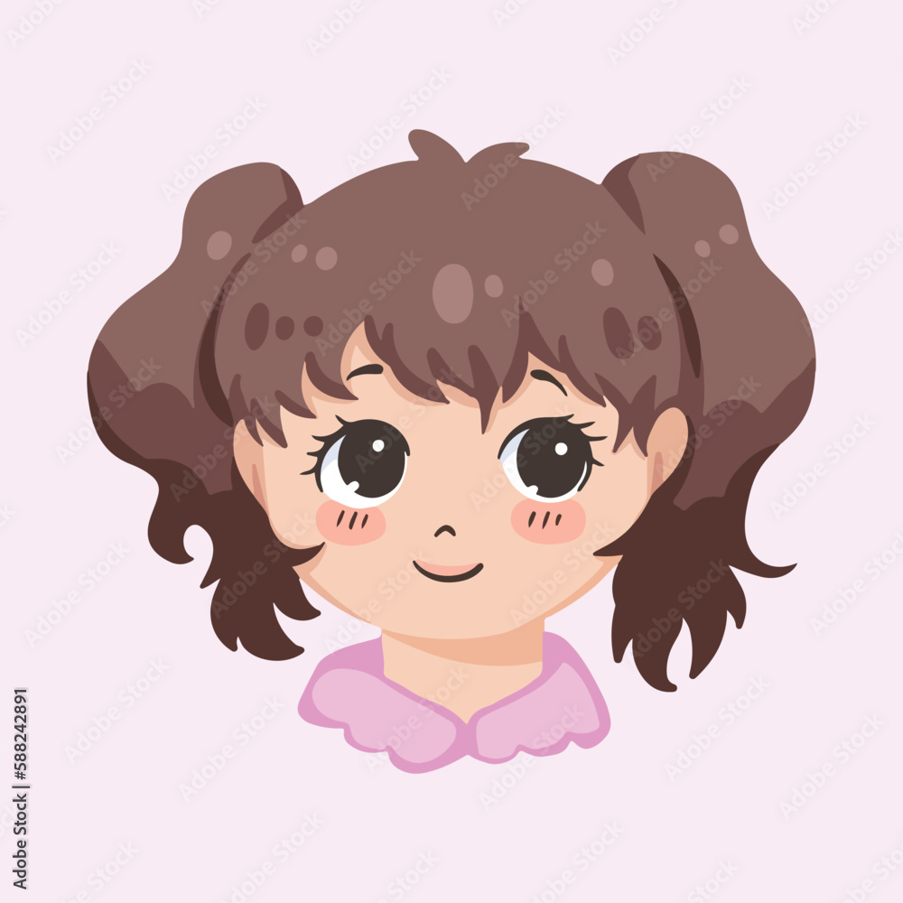 Cute little children daughter girl face head avatar isolated on square light pink background