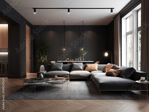 interior design of modern apartment, living room with sofa and coffee tables. create using generative AI.