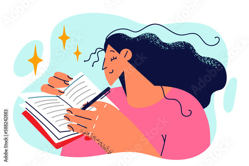 Young woman uses notepad to record personal thoughts when video diary on advice of psychotherapist