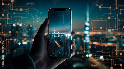 Photography A Hand holding a mobile smartphone, taking a photo of a beautiful night cityscap