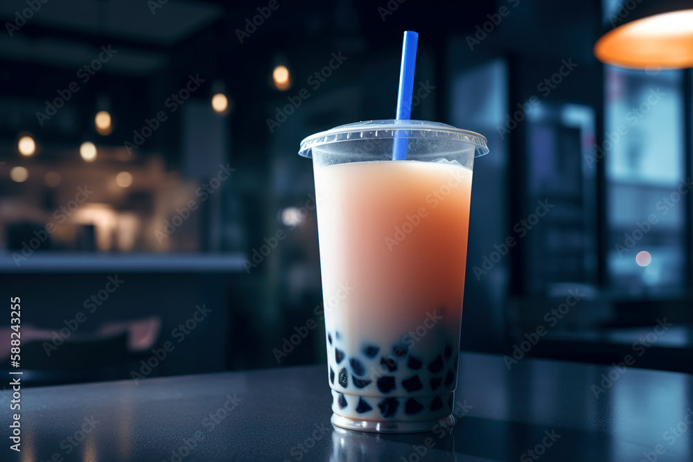 Refreshing drink bubble tea in a plastic cup with a straw in a cafe on a table, close-up. .Generative AI Refreshing drink bubble tea in a plastic cup with a straw in a cafe on a table, close-up. .Generative AI