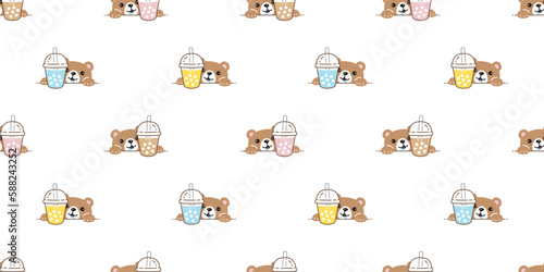 bear polar seamless pattern boba tea bubble milk tea drink vector cartoon pastel teddy tile background gift wrapping paper repeat wallpaper scarf isolated doodle illustration design