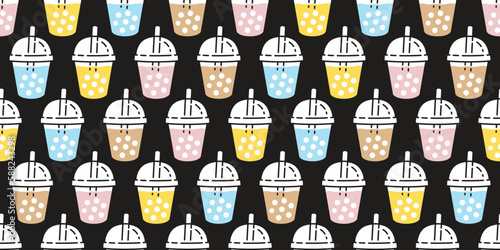 Boba tea seamless pattern vector bubble milk tea gift wrapping paper repeat wallpaper tile background scarf isolated illustration doodle design