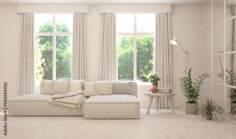 White living room with sofa and summer landscape in window. Scandinavian interior design. 3D illustration White living room with sofa and summer landscape in window. Scandinavian interior design. 3D illustration