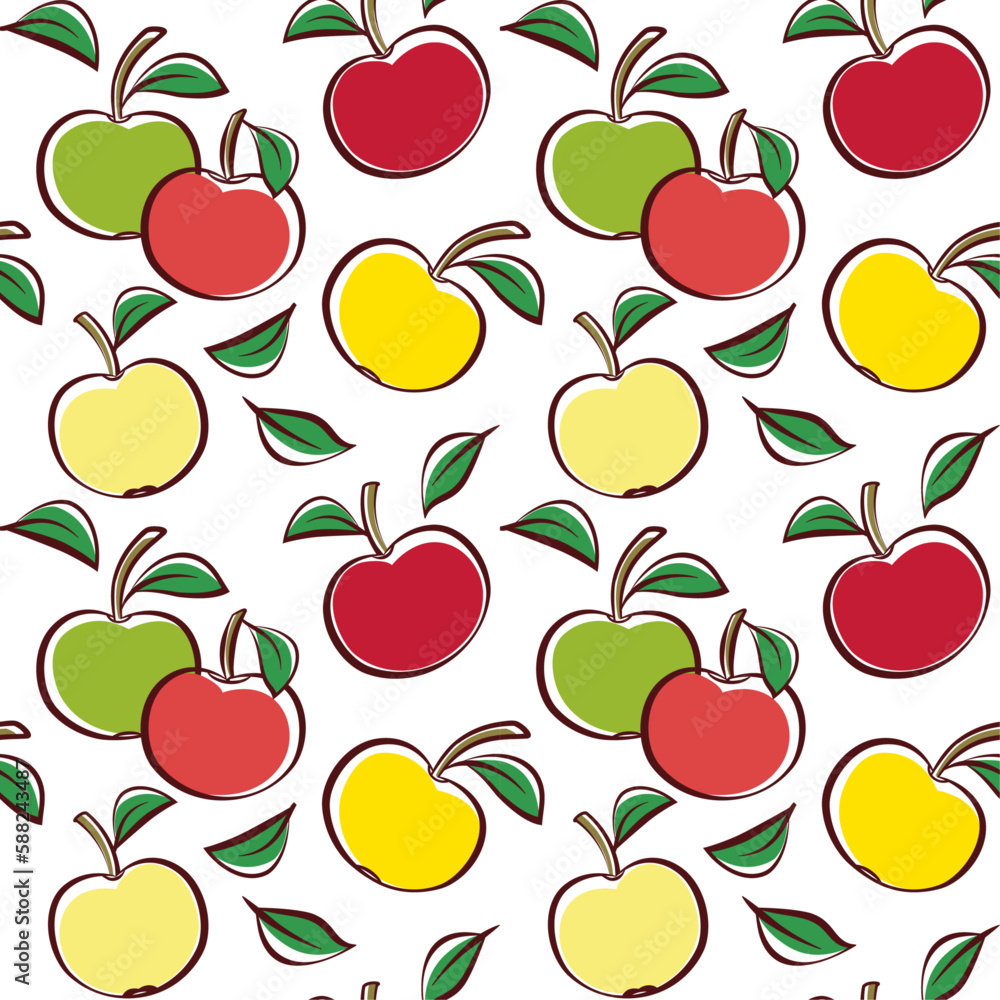 Line drawing of colorful garden apples on white background, seamless vector pattern, wallpaper, packaging, fabric print. Line drawing of colorful garden apples on white background, seamless vector pattern, wallpaper, packaging, fabric print.