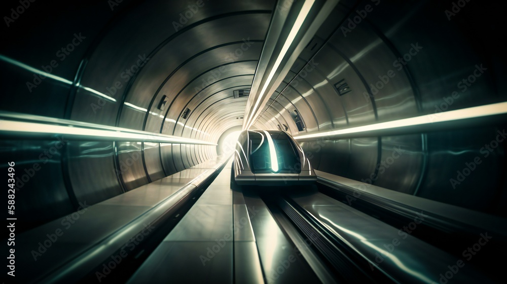 Fototapeta premium Modern magnetic train going fast through a tunnel, created using Generative AI technology