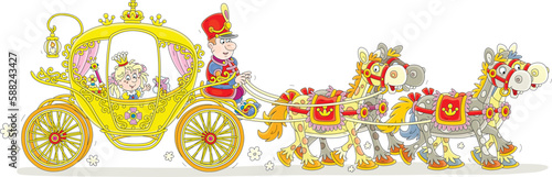 Funny little princess traveling through a fairytale kingdom in her golden ceremonial carriage pulled by four royal horses, vector cartoon illustration isolated on a white background