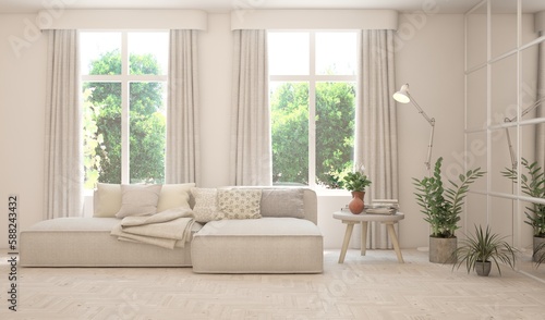 White living room with sofa and summer landscape in window. Scandinavian interior design. 3D illustration