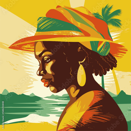 National Caribbean Heritage Month. Vector banner, poster for social networks and media. Concept with woman on beach background. Square composition. 