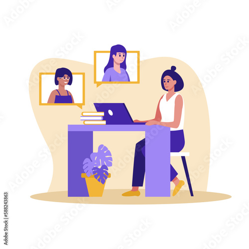 Three girls talking at video conference. Remote meeting for friends, colleagues, and family. Group communication online. Happy virtual companions. Vector flat illustration
