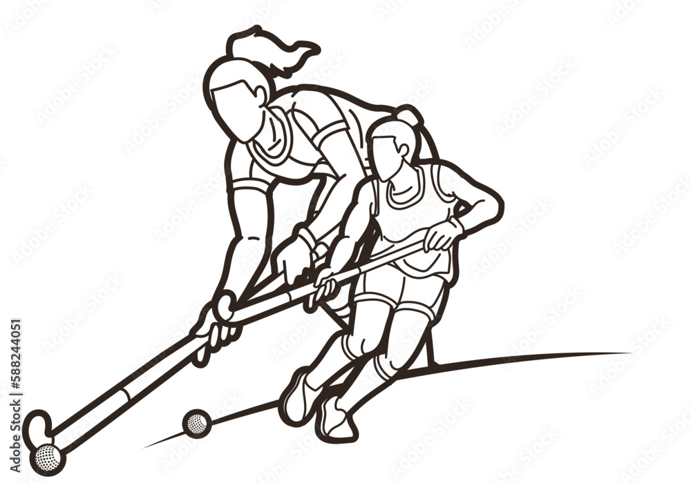 Fototapeta premium Group of Field Hockey Sport Team Female Players Mix Action Cartoon Graphic Vector