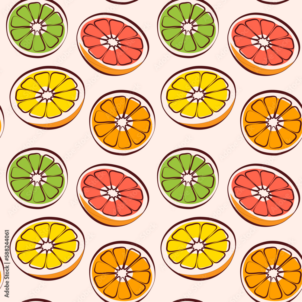 Linear pattern background of citrus fruits, grapefruit, lime and orange slices, seamless vector pattern, wallpaper, packaging, fabric print. Linear pattern background of citrus fruits, grapefruit, lime and orange slices, seamless vector pattern, wallpaper, packaging, fabric print.