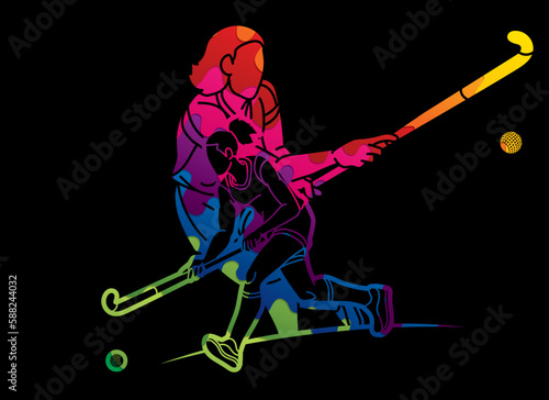 Group of Field Hockey Sport Team Female Players Mix Action Cartoon Graphic Vector