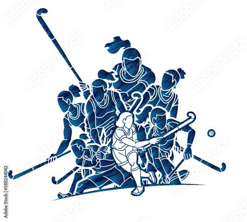 Group of Field Hockey Sport Team Female Players Mix Action Cartoon Graphic Vector