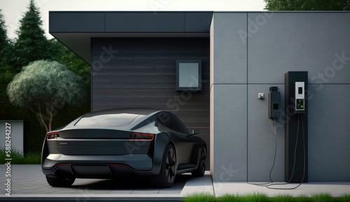 An electric car parked in a driveway with a home wall EV charger visible in the foreground. Generative AI © piai