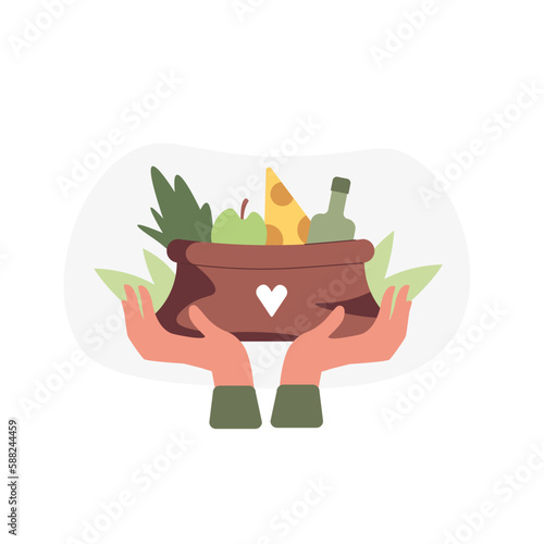 Illustration of volunteer holding box with free drinks and food. Humanitarian aid organization. Grocery for needy people. Hunger support program. Vector