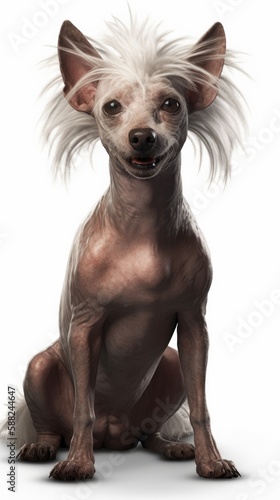Photo of a Chinese Crested hairless dog with long hair standing in front of a white background created with Generative AI technology